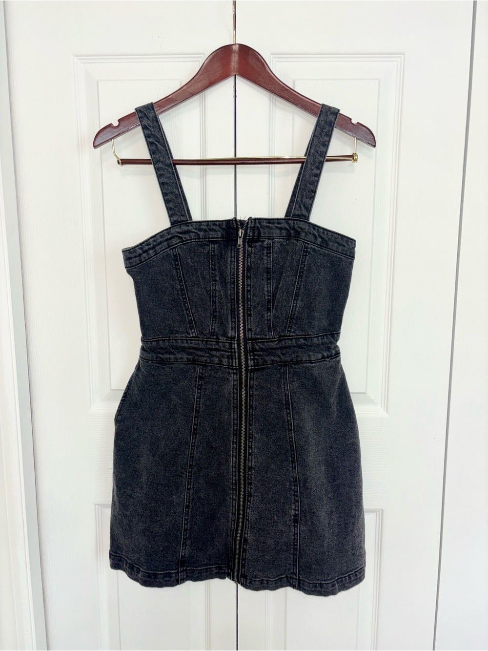 Wild Fable Fitted Black Denim Zip-Front Mini Dress with Wide Straps